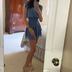 Aqua blue summer dress with ruffle trim